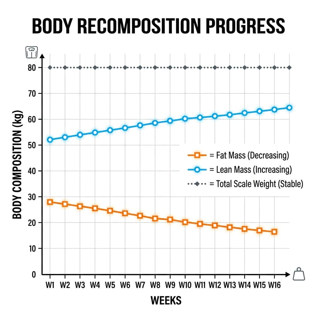 Body recomposition progress chart showing simultaneous fat loss and muscle gain over 16 weeks at maintenance calories