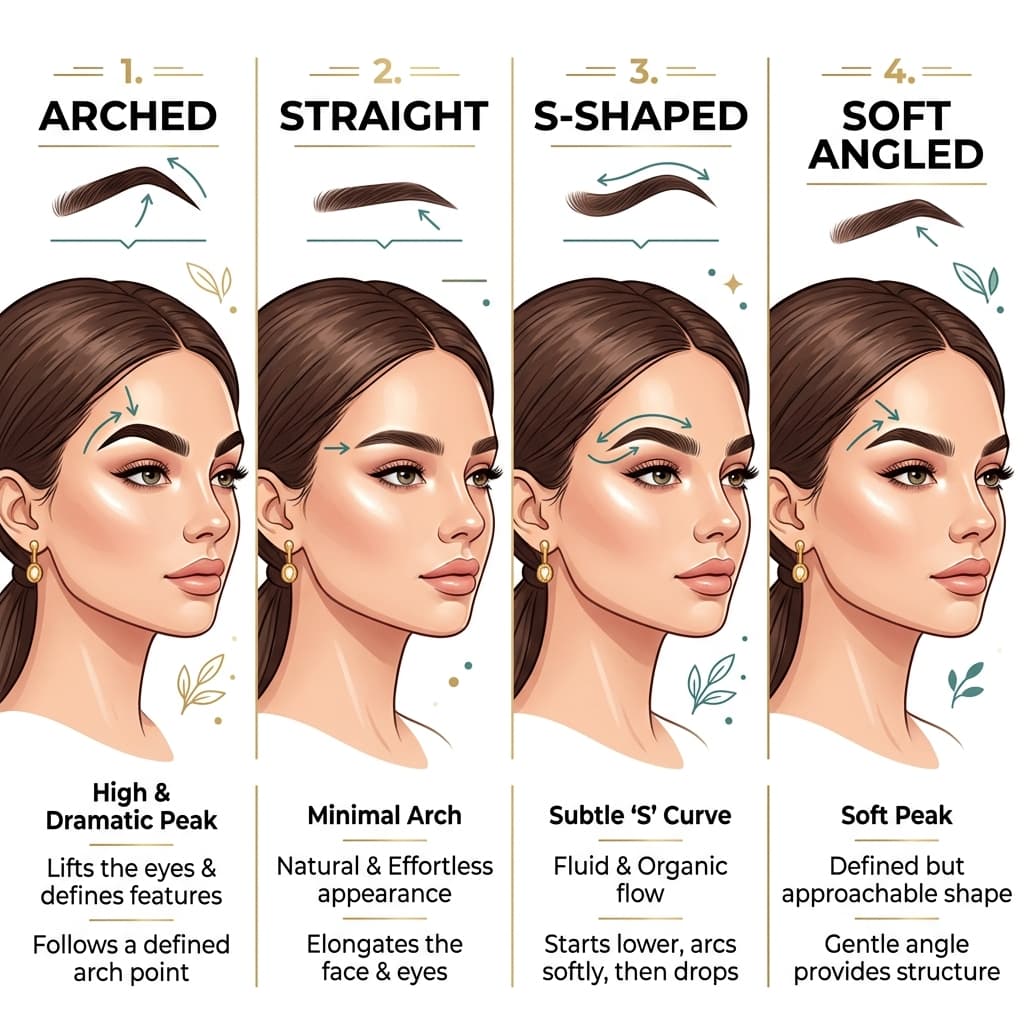 Eyebrow shape examples for round oval heart and square face types with before and after styling