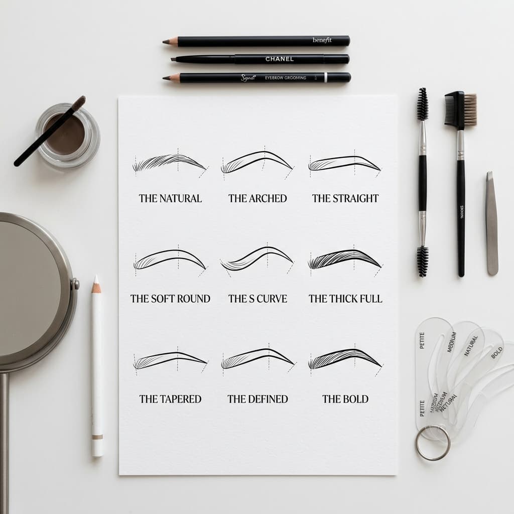 Eyebrow shapes guide for different face types - round oval heart and square face eyebrow styles