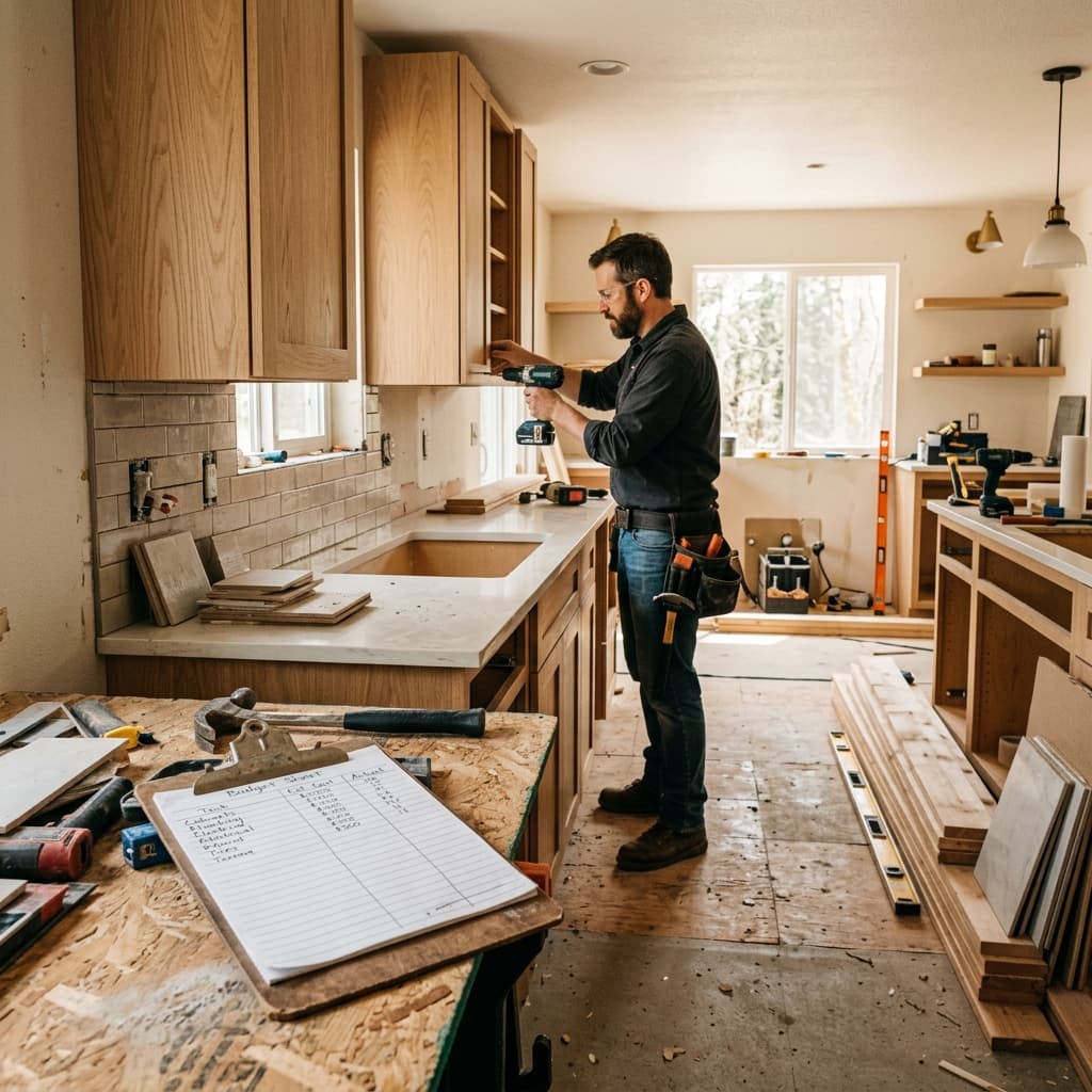 Home renovation cost breakdown chart - materials labor contingency for kitchen bathroom 2026