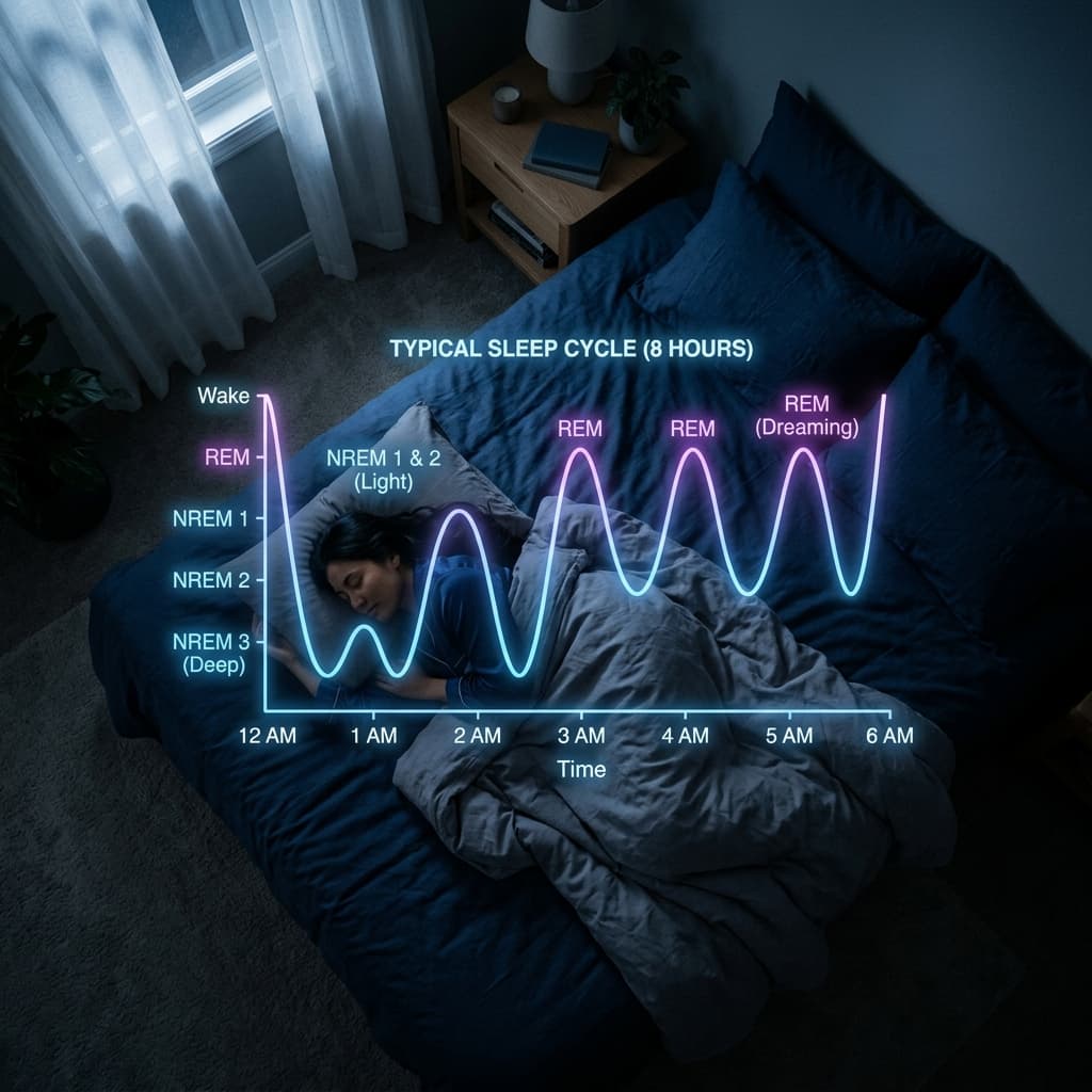REM sleep cycle calculator showing sleep stages and optimal bedtimes