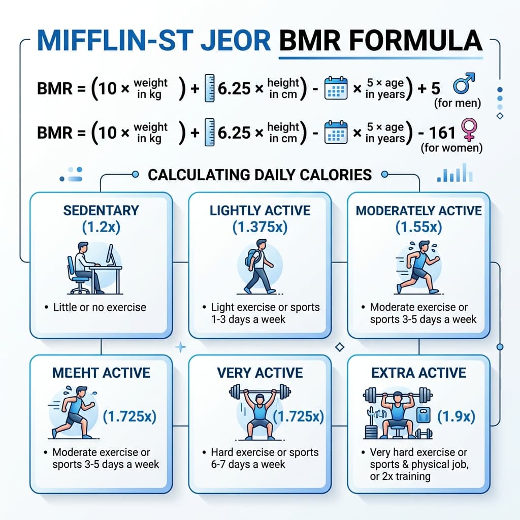 TDEE formula breakdown showing BMR calculation and activity multiplier for daily calorie target