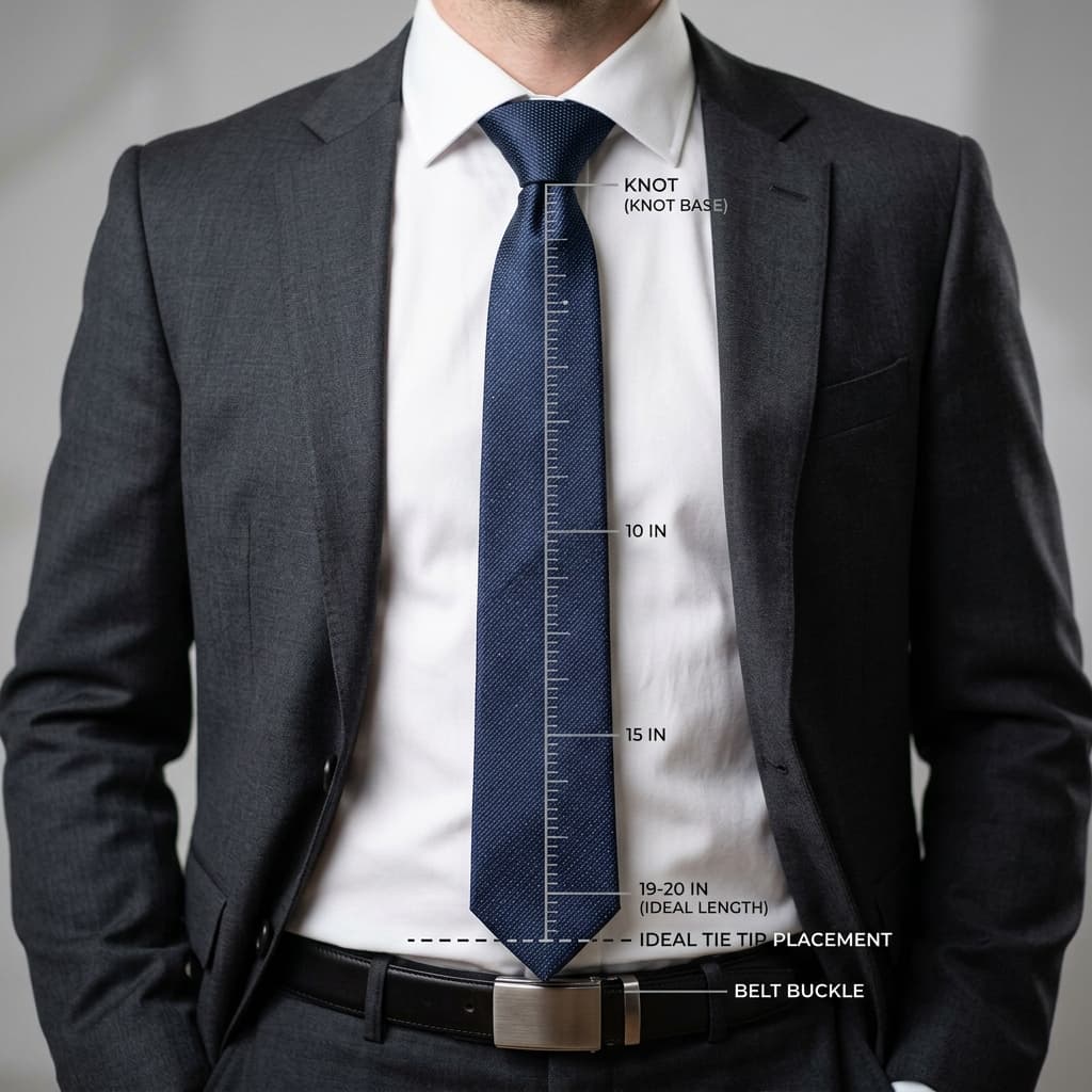 Tie length comparison chart showing correct tie endpoint at belt buckle versus too long and too short styles