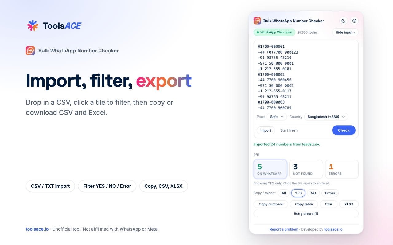 Importing a CSV file, filtering to YES and the Copy / export selector