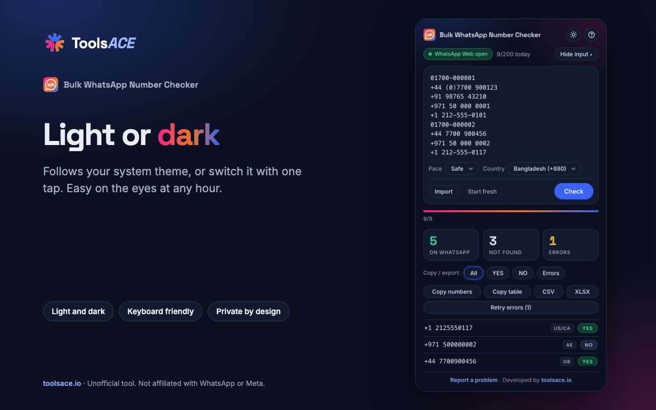 The side panel in dark theme with results and the Copy / export selector