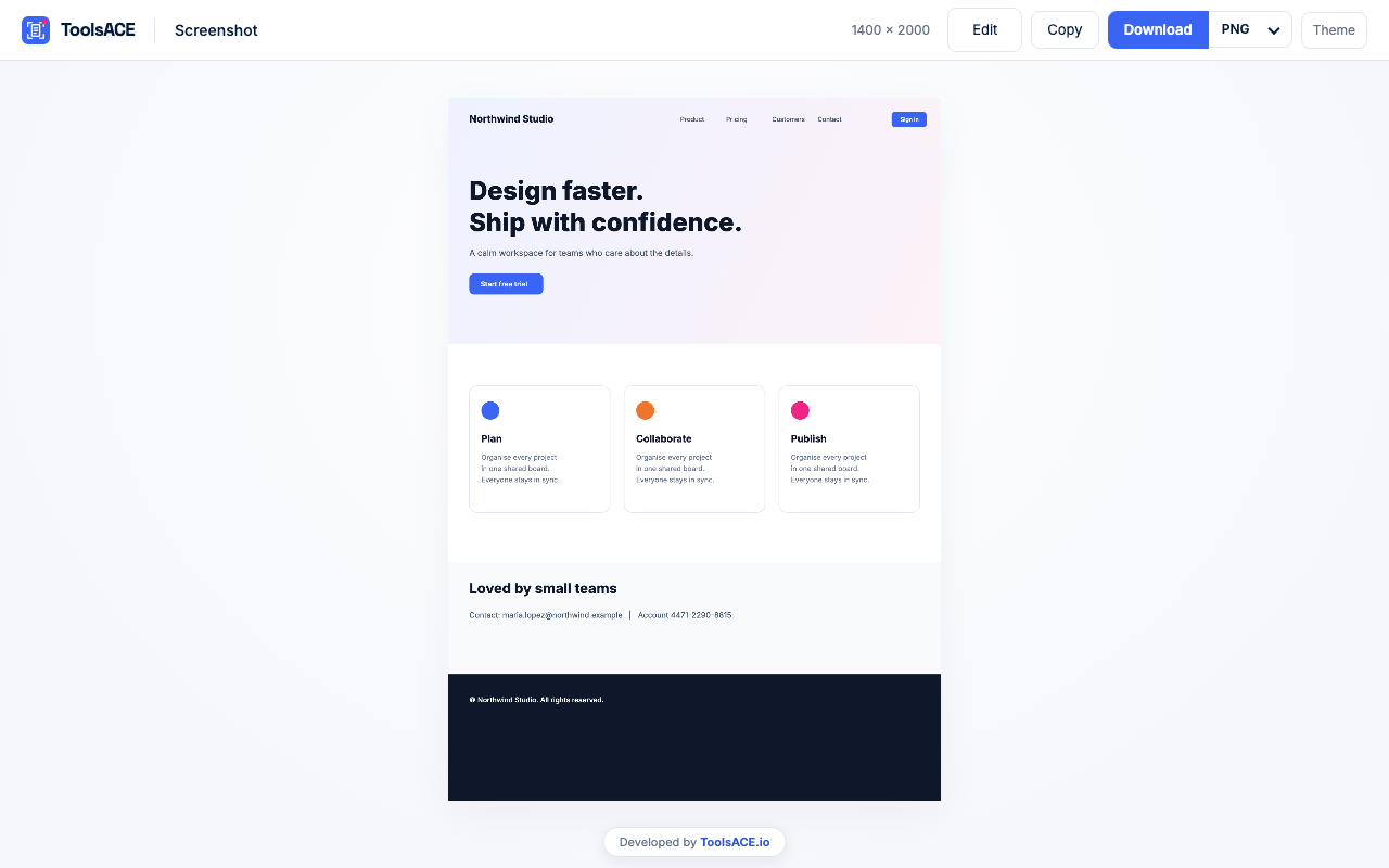 Full page screenshot preview with Edit, Copy and Download buttons and a PNG format menu